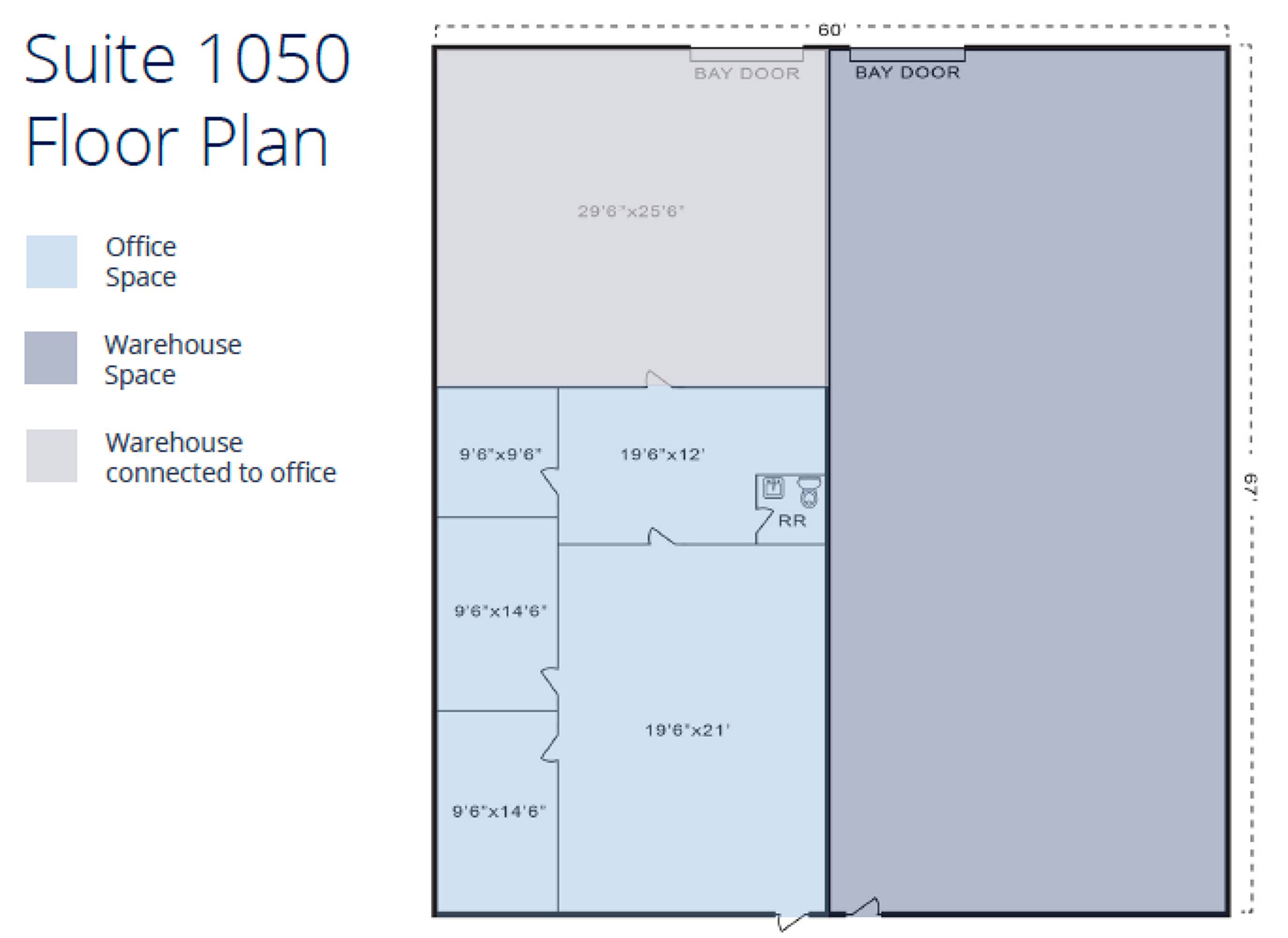 Floor plan of Suite 1050 at 1010-1066 Hercules Ave, Houston, TX, showing warehouse and office spaces with bay doors.