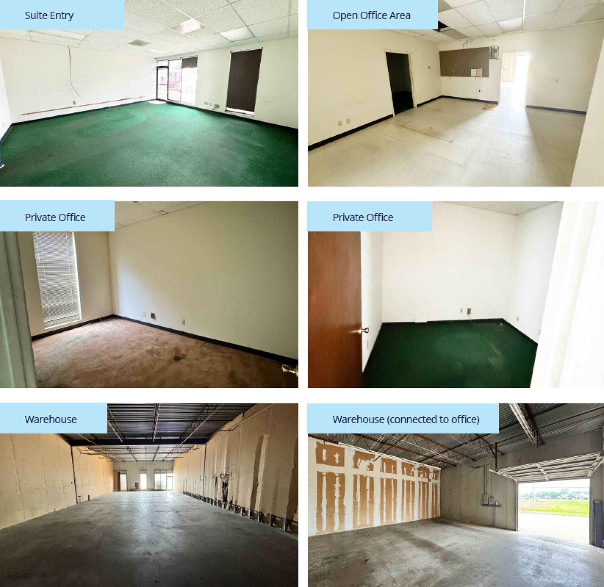 Image of an industrial property at 1010-1066 Hercules Ave, Houston, TX, featuring suite entry, open office, private office, and warehouse spaces.