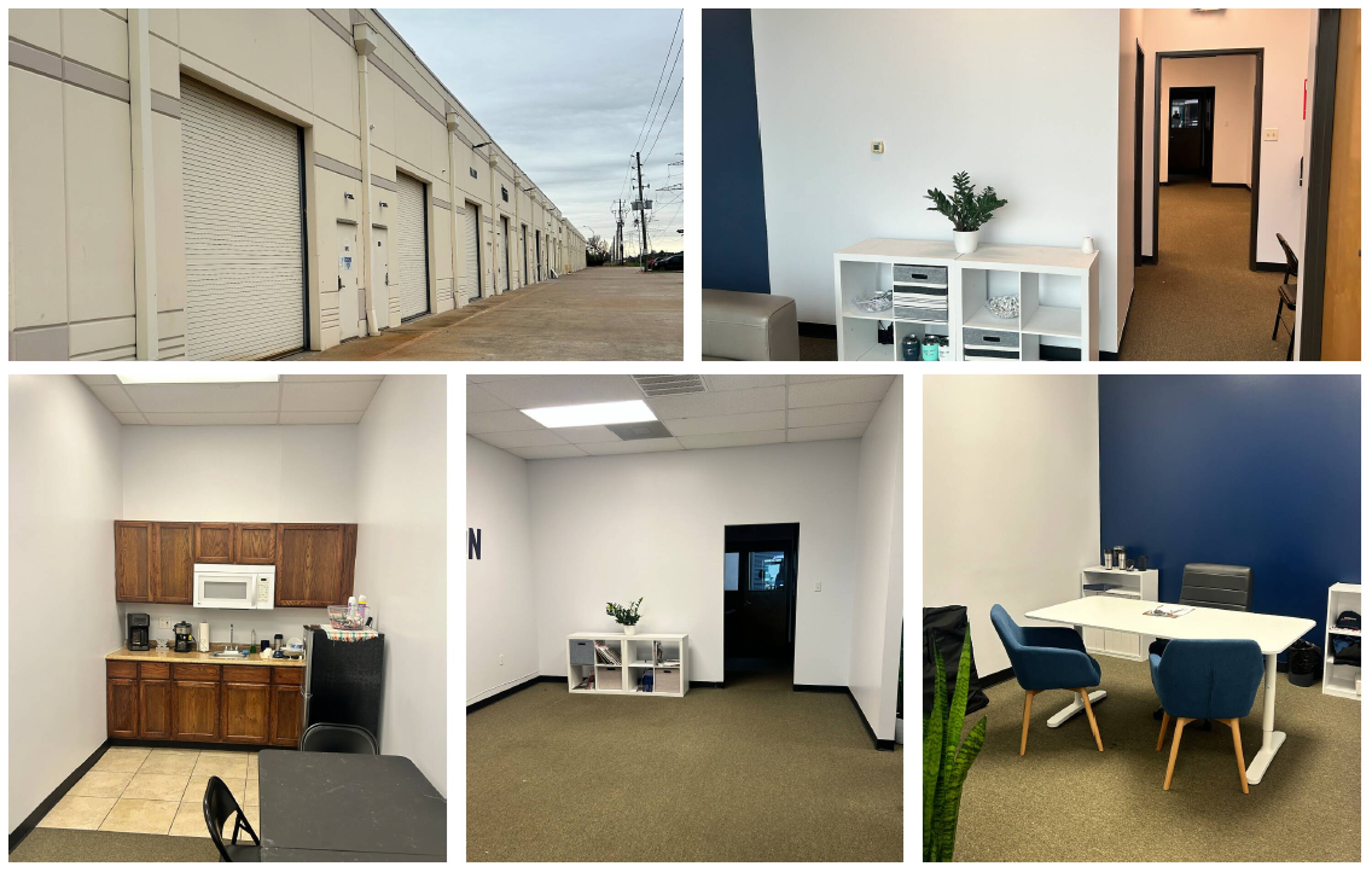 Image of a flex warehouse condo for lease in Katy, TX, featuring warehouse space, office areas, and a kitchenette.