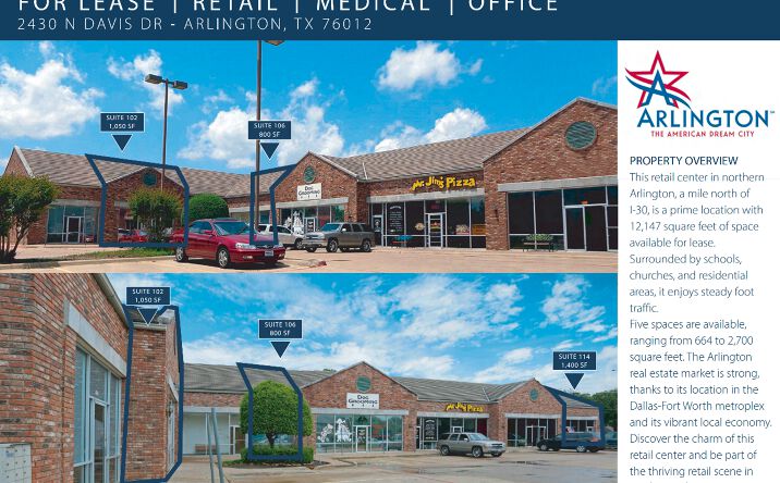Pictures of Retail, Office, Restaurant property located at 2430 N Davis Dr, Arlington, TX 76012 for lease - image #1