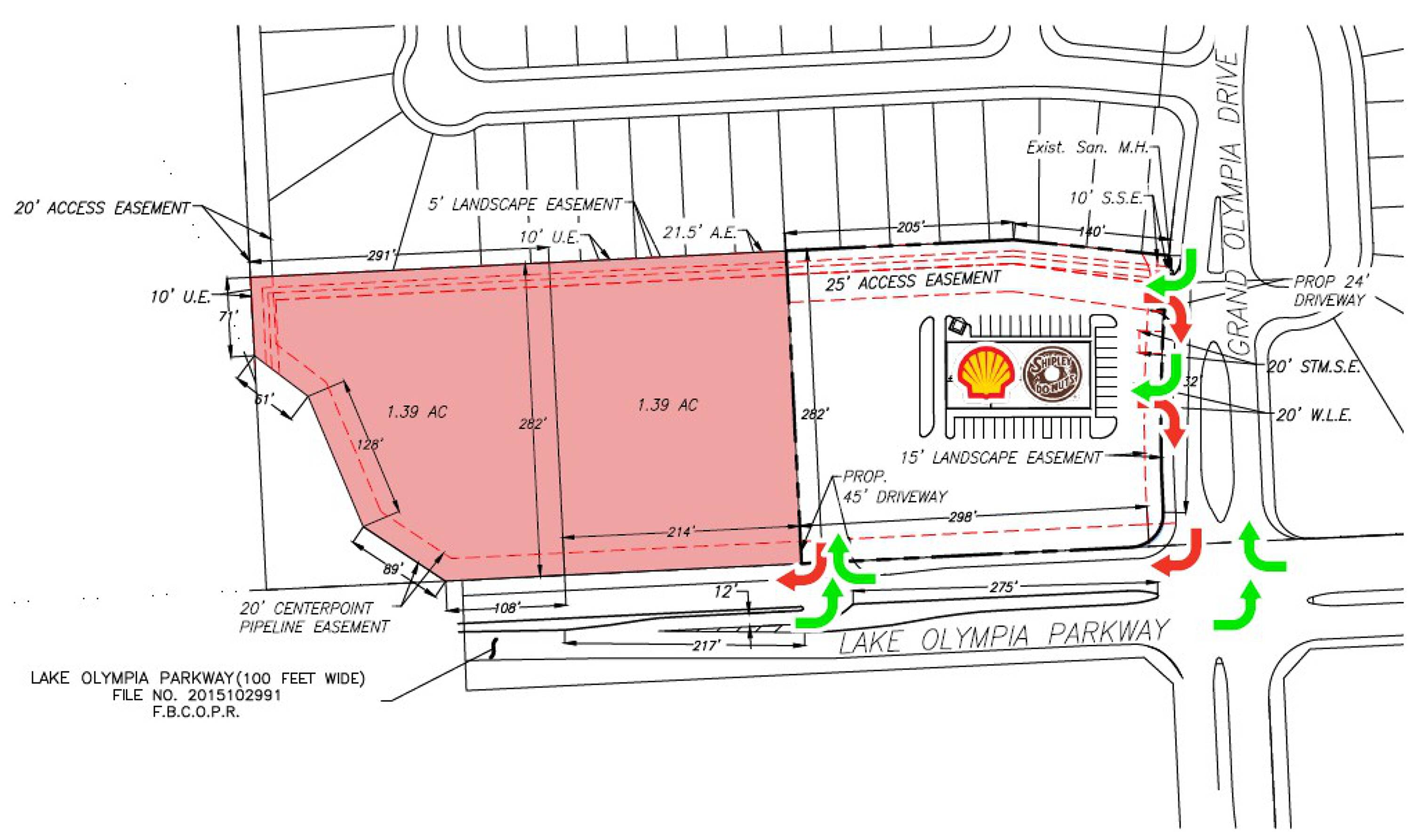 Site plan of 2.78 acres of land for sale or ground lease at the intersection of Fort Bend Parkway Toll Road and Lake Olympia Parkway in Fresno, TX.