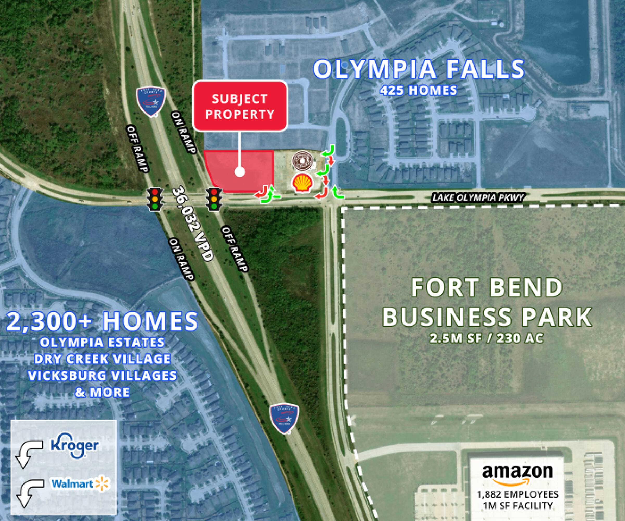 Aerial view of undeveloped 2.78 acres land at NEC Fort Bend Pkwy Toll Rd & Lake Olympia Pkwy, Fresno, TX, surrounded by residential and commercial developments.