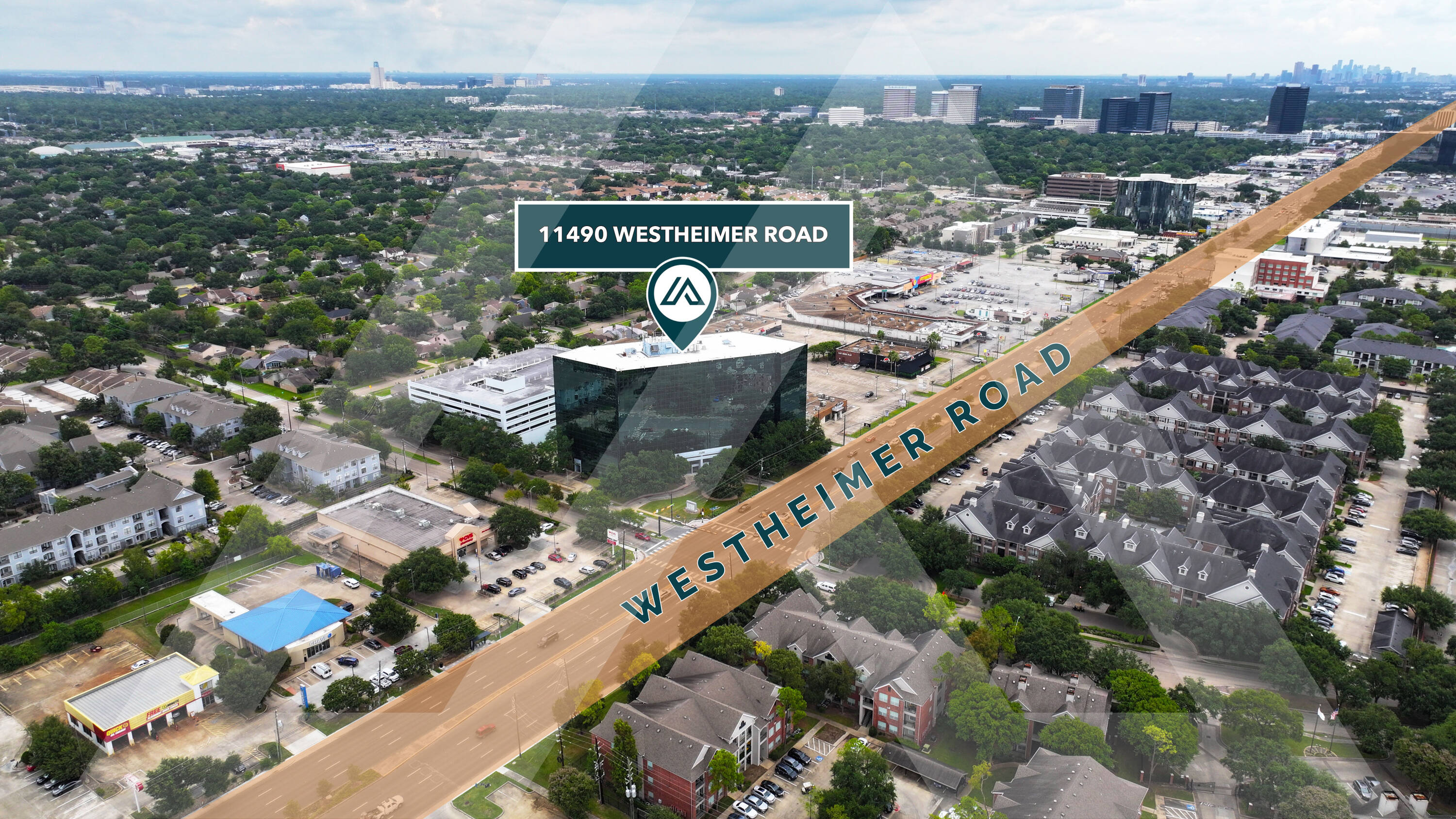 Aerial view of Royal Oaks Centre located at 11490 Westheimer Rd, Houston, TX, showcasing its retail spaces and surrounding amenities.