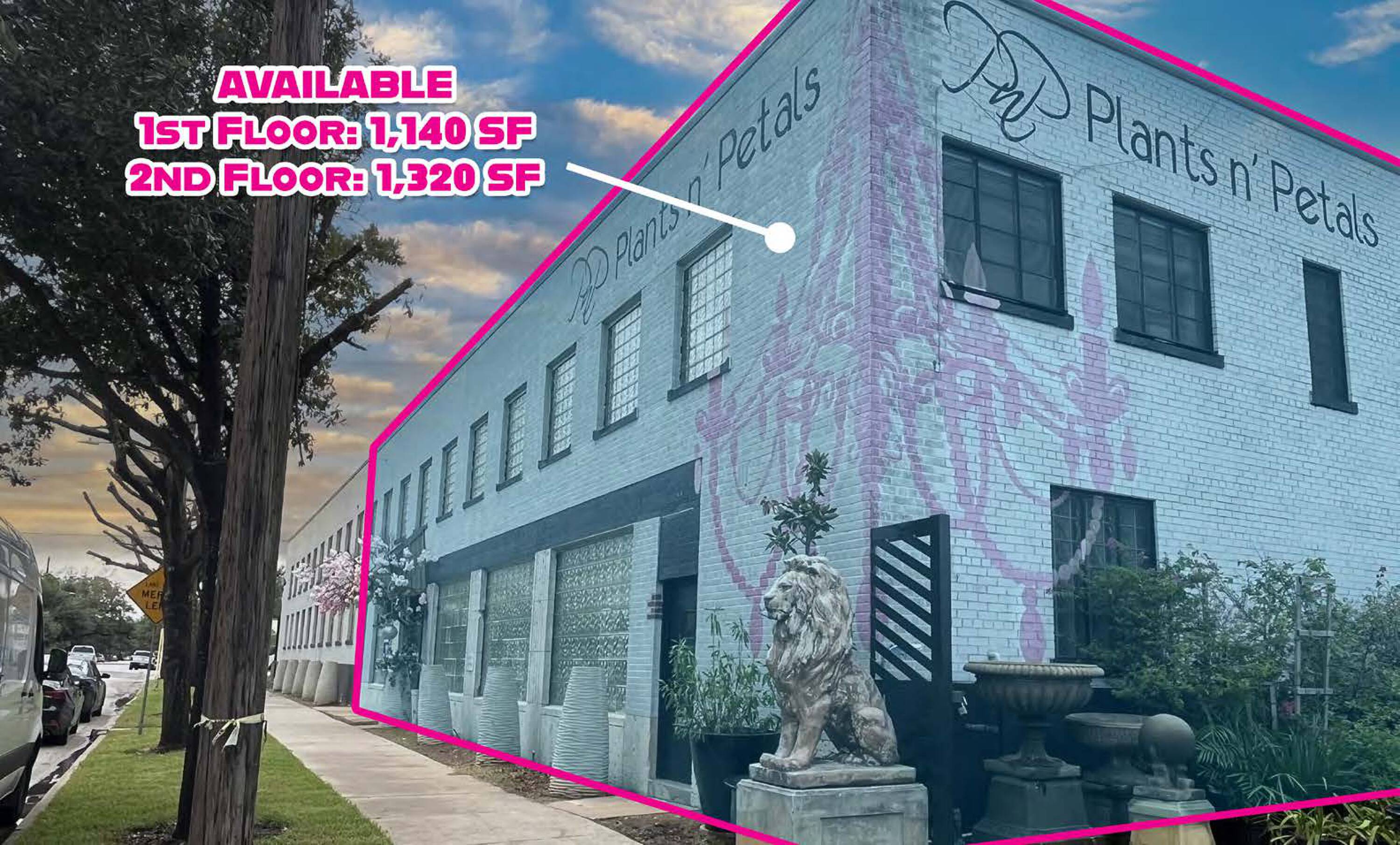 Two-story retail and office building with brick facade, large windows, and artistic mural at 1 N Sampson St, Houston, TX.