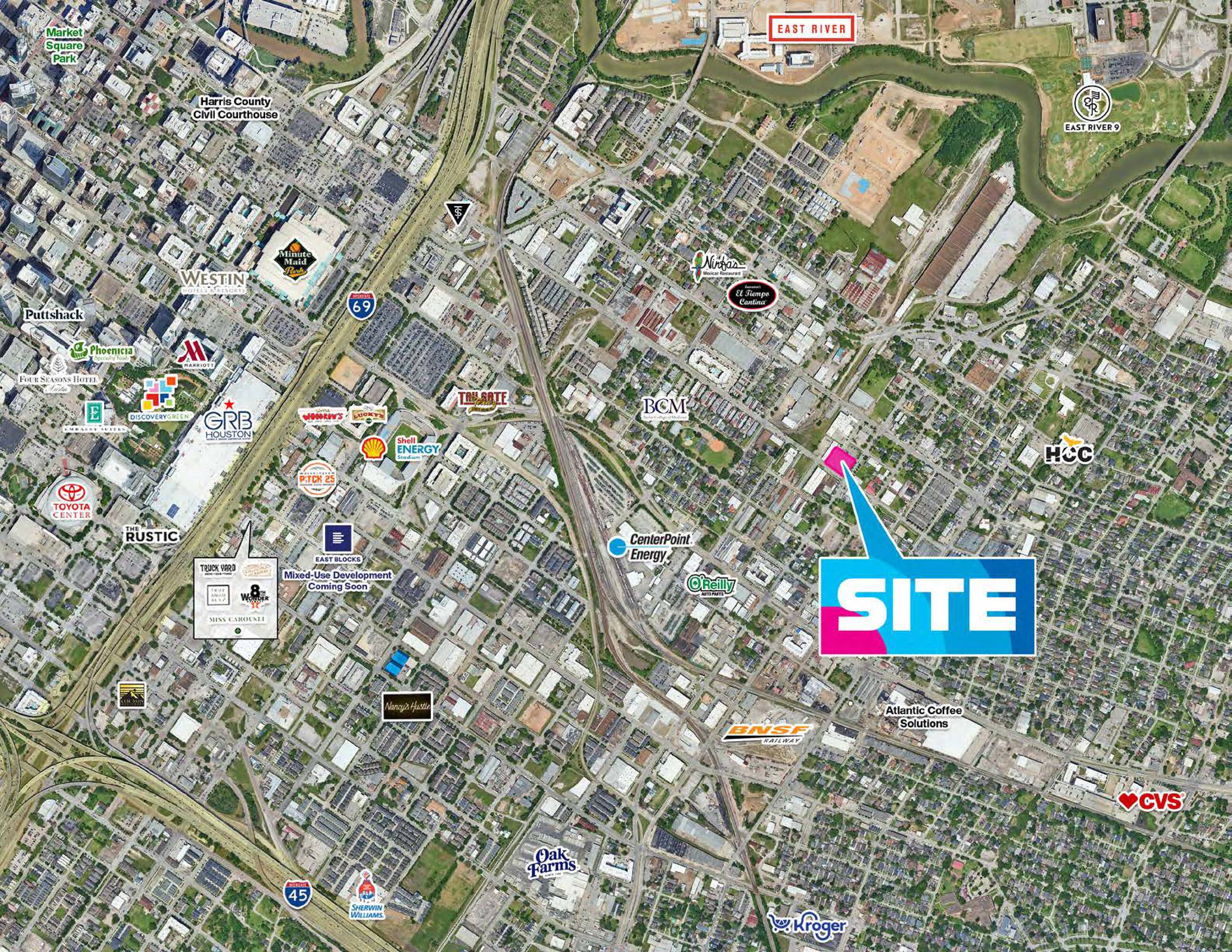 Aerial view of 1 N Sampson St, Houston, TX, highlighting the site and surrounding businesses.