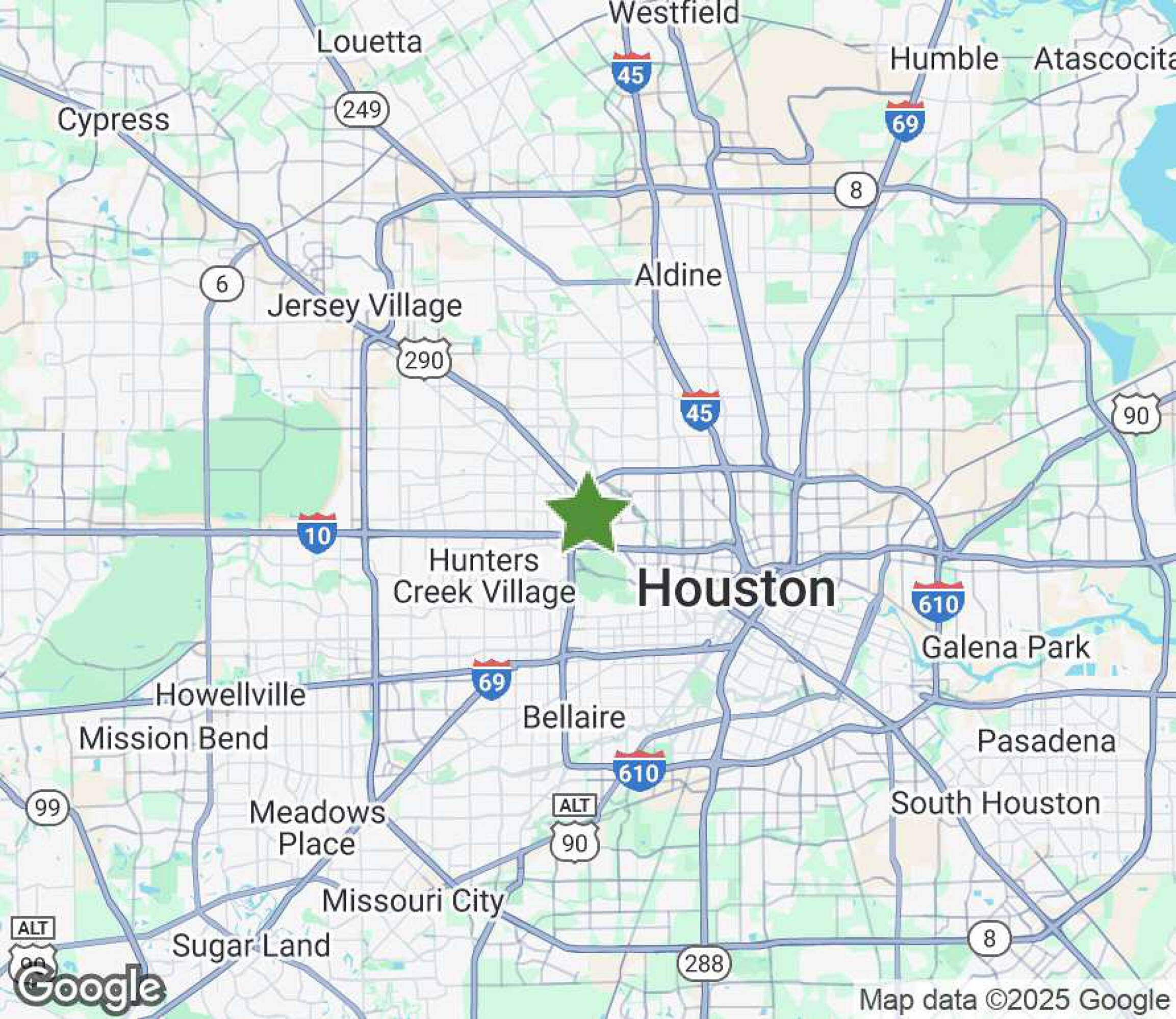 Map showing the location of 7246 Wynnwood Ln in Houston, TX, near major highways.