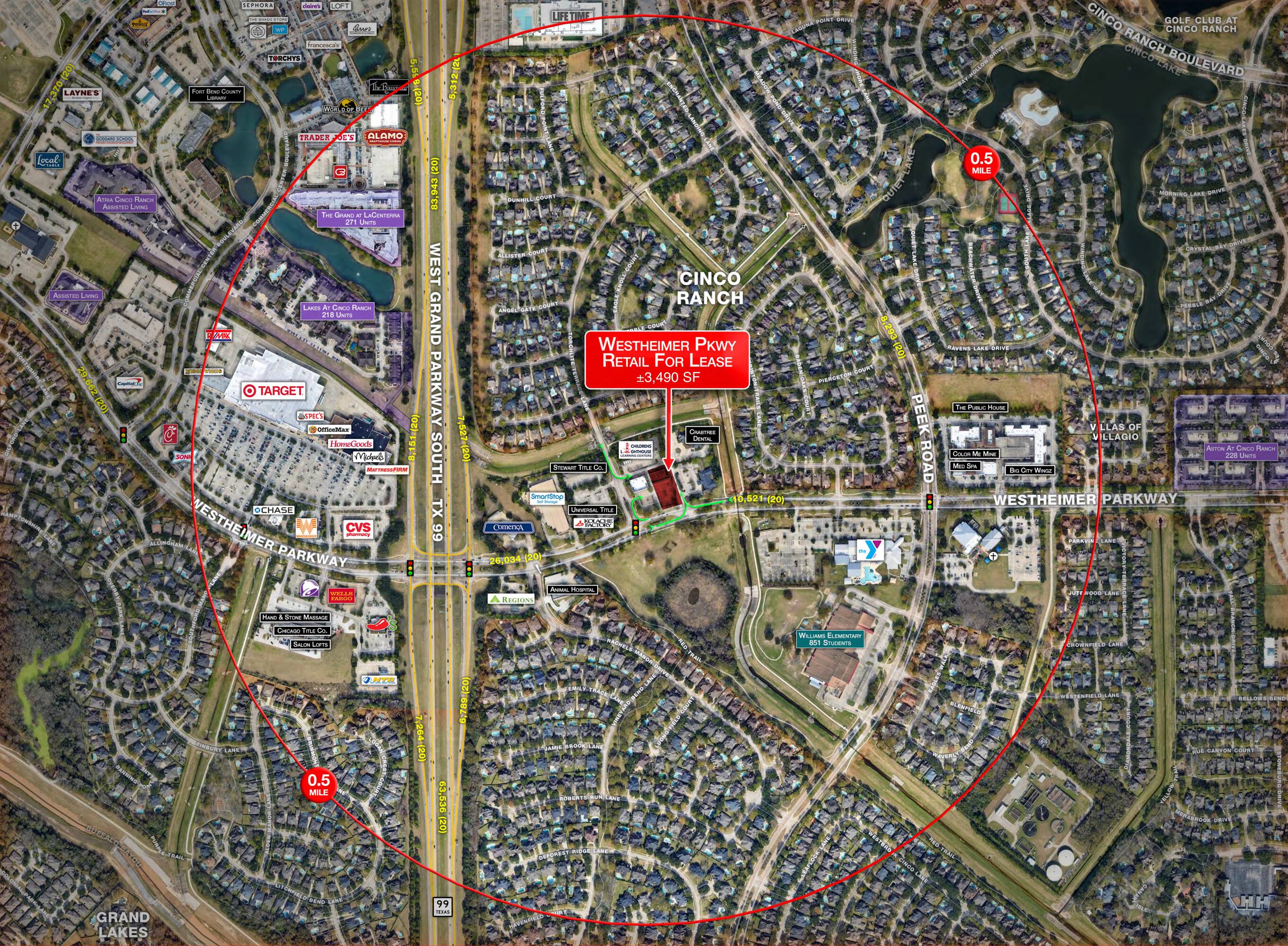 Aerial view of Westheimer Parkway Retail Center in Katy, TX, highlighting its location and surrounding amenities.