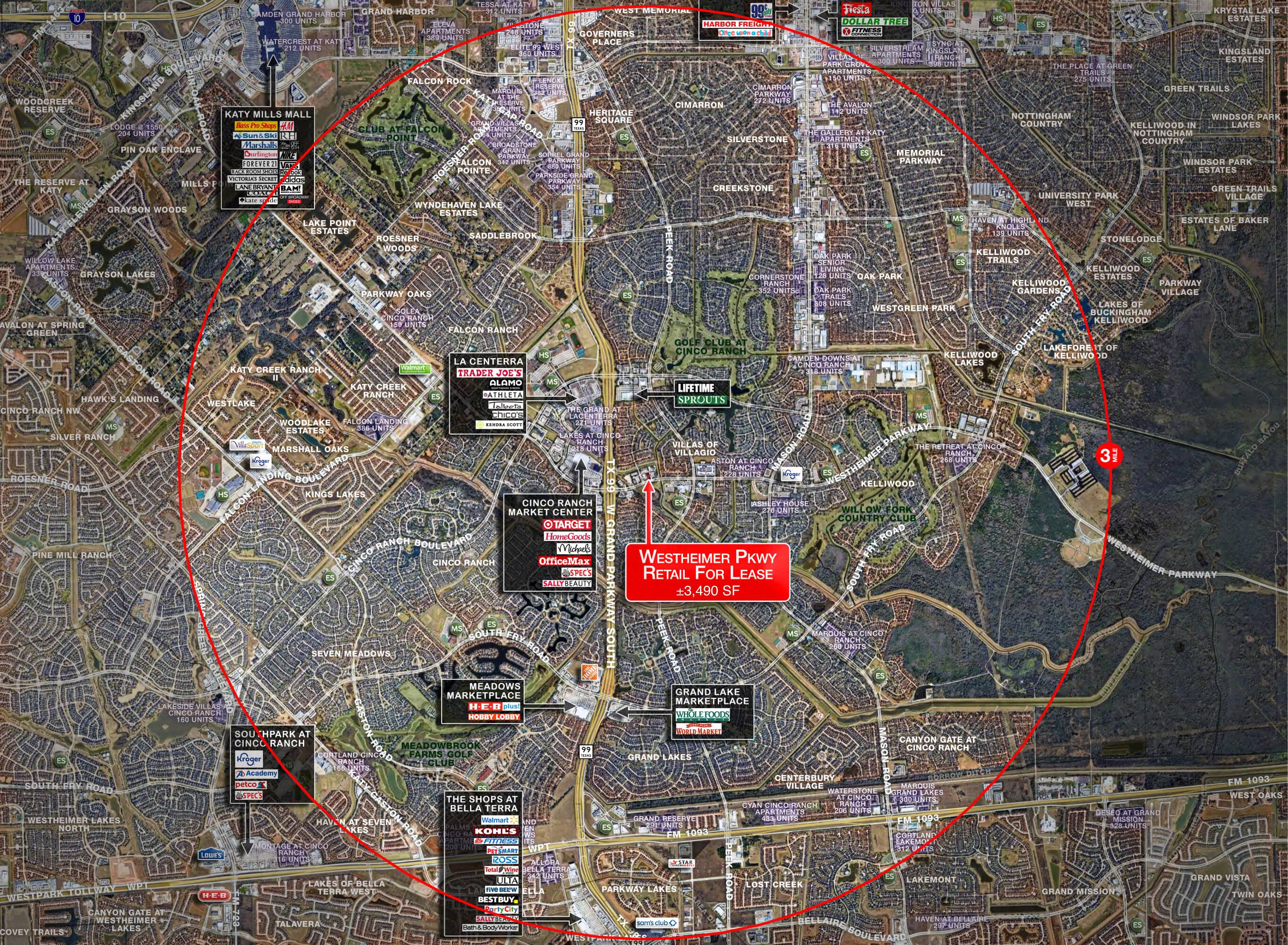 Aerial view map highlighting the location of Westheimer Parkway Retail Center in Katy, TX.