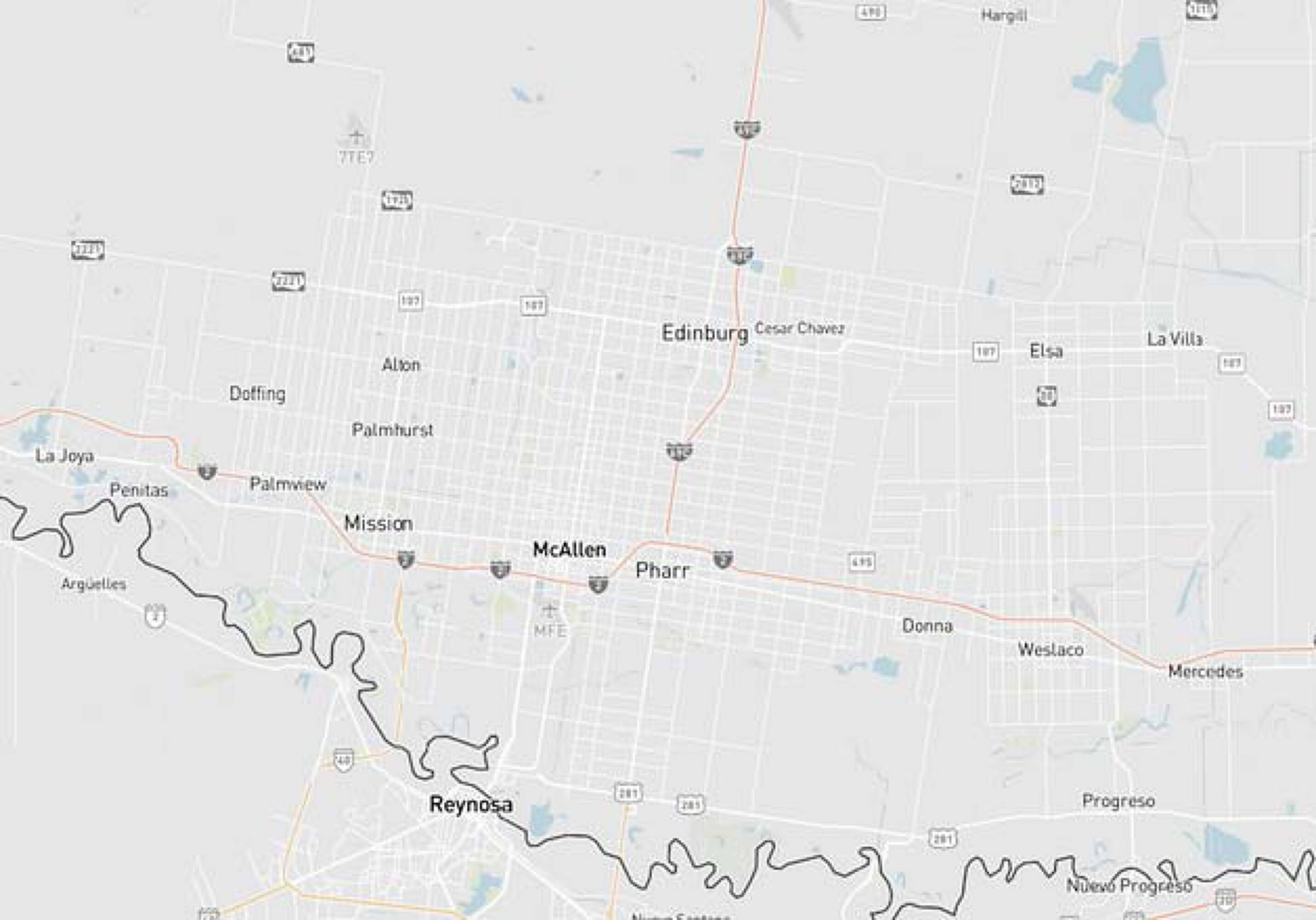 Aerial map view of Capote International Business Park in Pharr, TX, showing surrounding cities and proximity to the Mexican border.