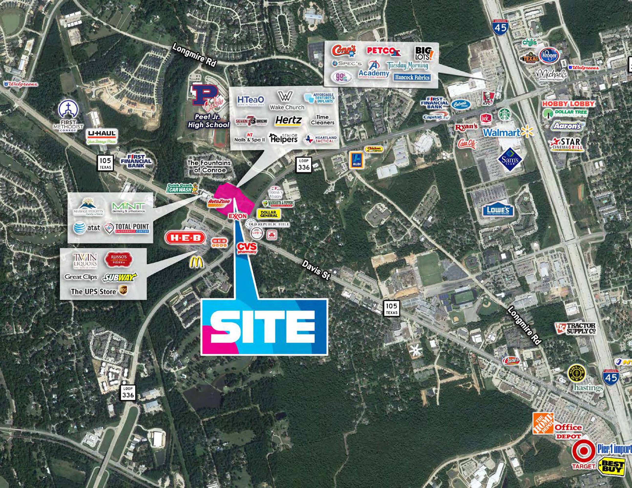 Aerial view of Westside Crossing property at 3828 W Davis St, Conroe, TX, surrounded by major retailers like HEB, CVS, and Walmart.