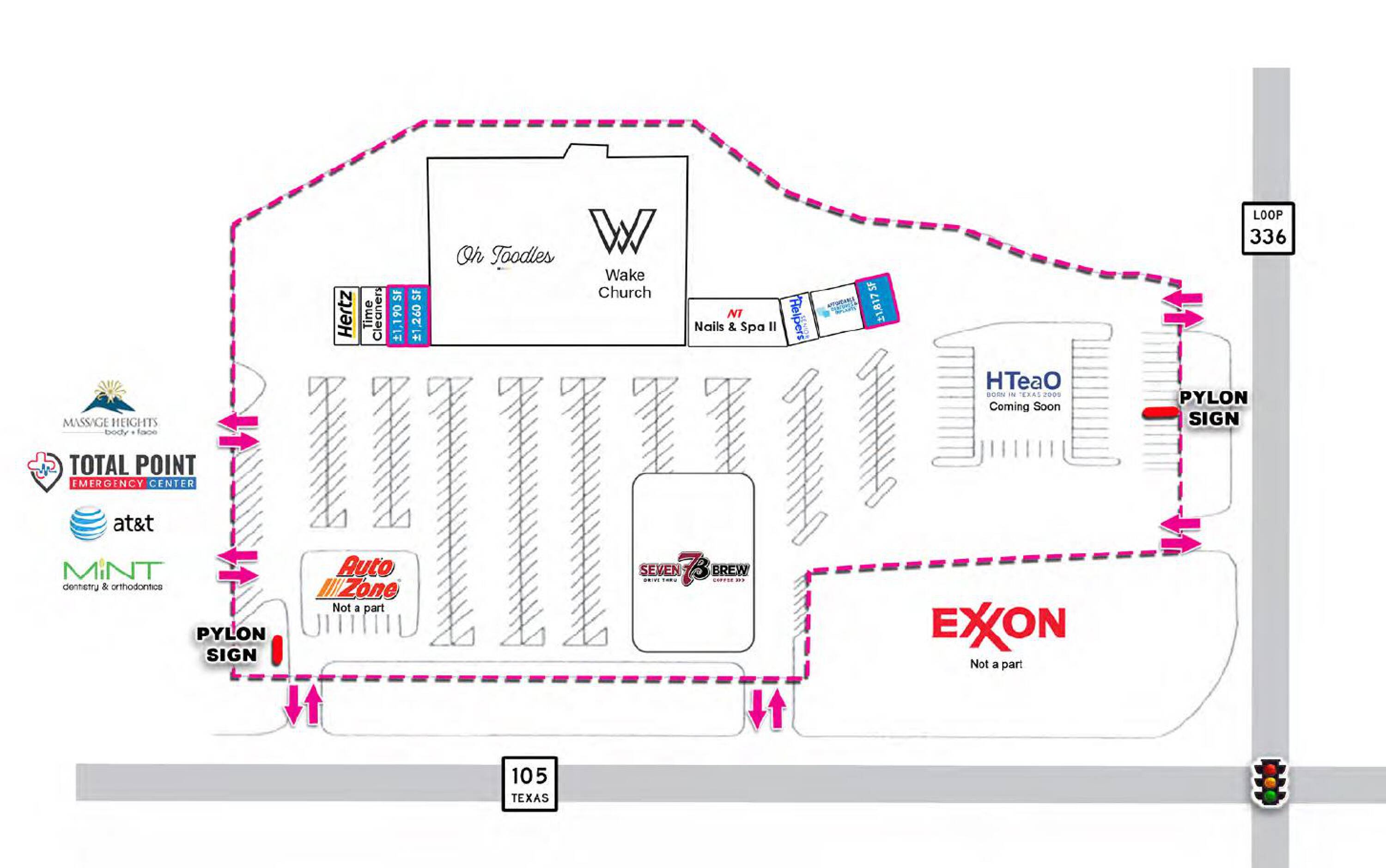 Aerial view of Westside Crossing retail center at 3828 W Davis St, Conroe, TX, showing layout, parking, and neighboring tenants.