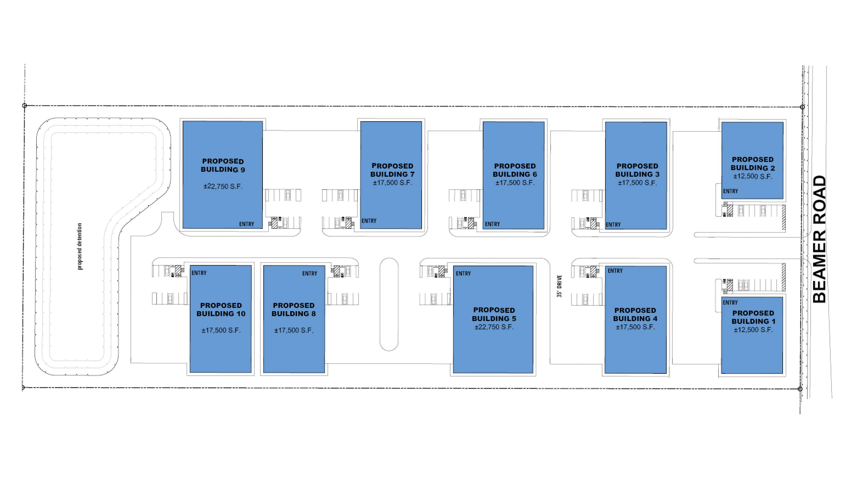 Site plan of Beamer Road Business Park I showing eight proposed industrial buildings with parking and loading areas.