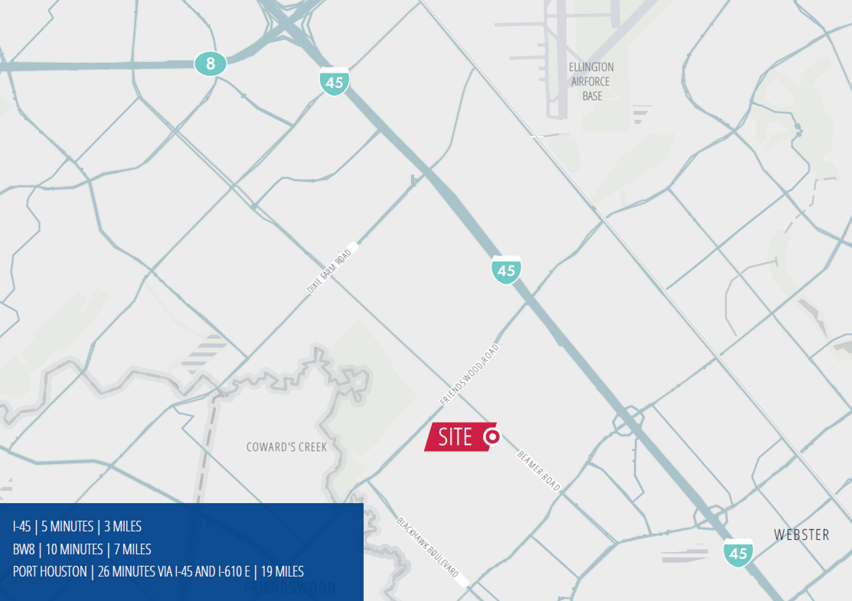 Map showing the location of Beamer Road Business Park I in Friendswood, TX, near major highways and Ellington Airport.