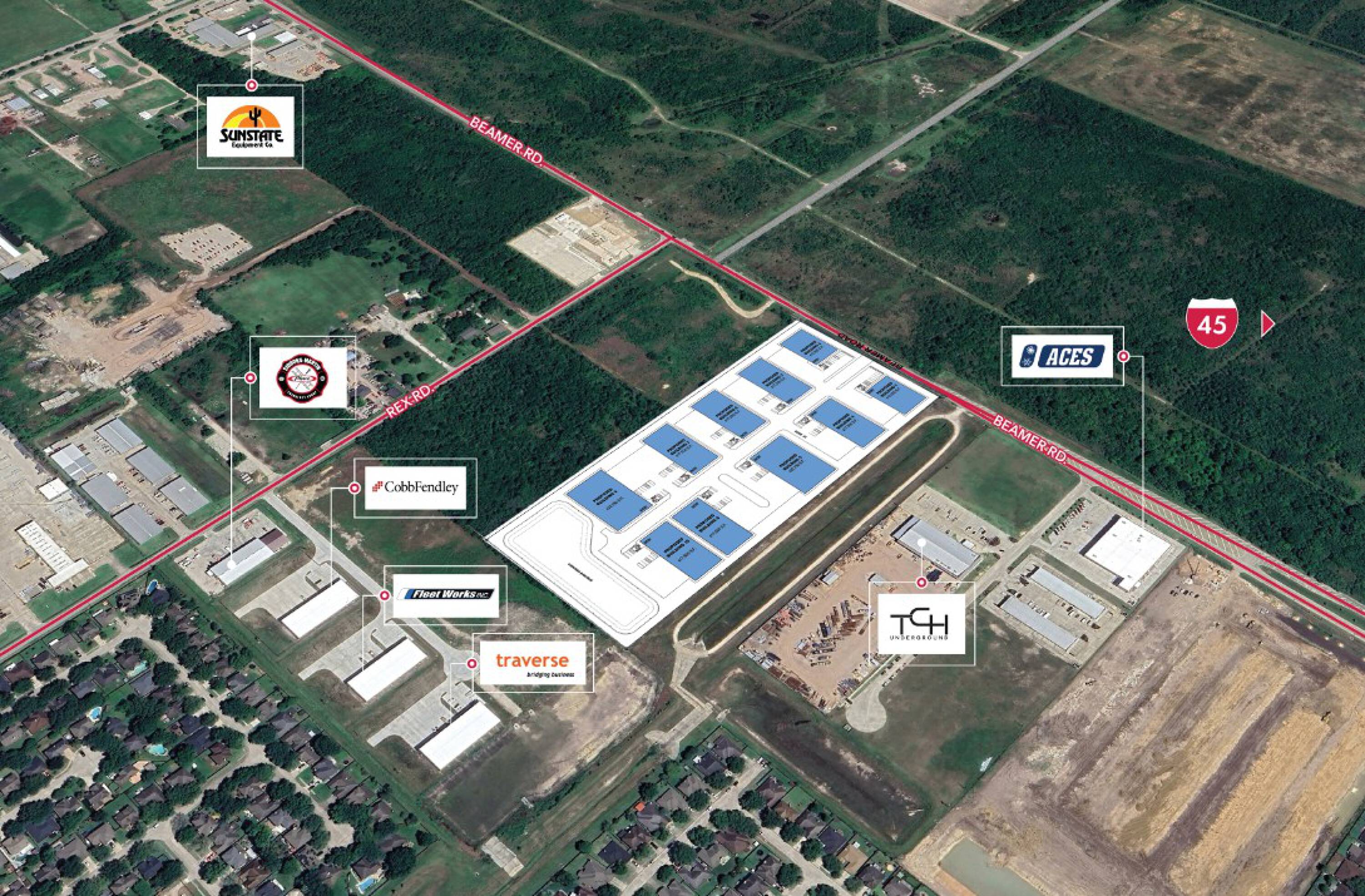 Aerial view of Beamer Road Business Park I, an industrial property in Friendswood, TX, with neighboring tenants and ample parking.