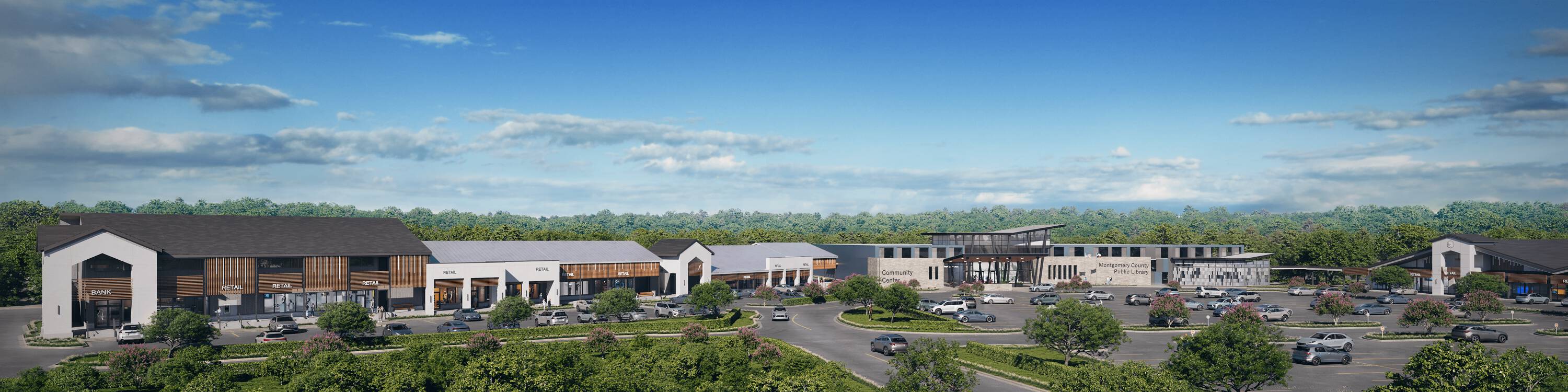 Aerial view of Grogan's Mill Village Center in The Woodlands, TX, showcasing modern retail buildings with ample parking.