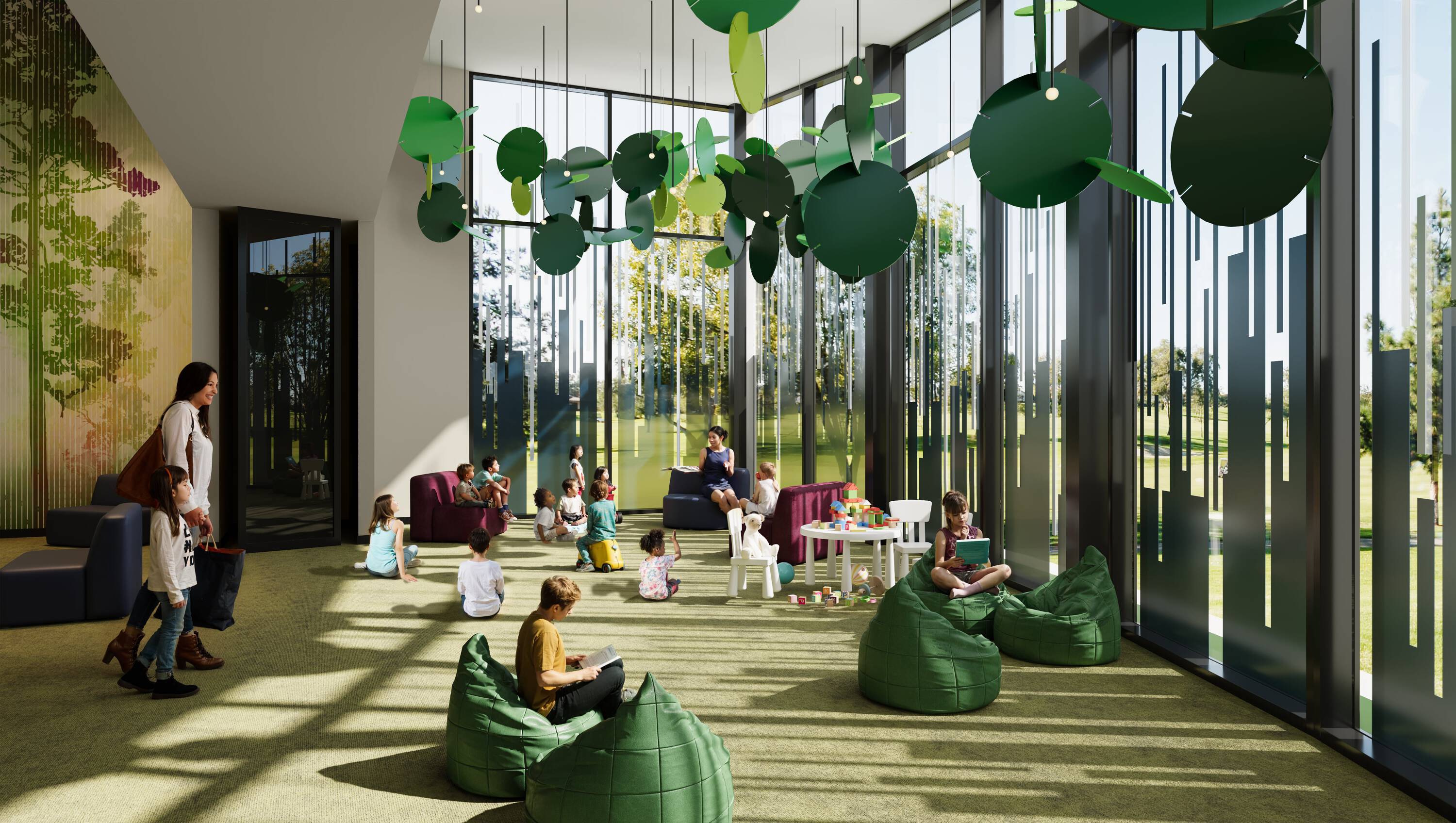 Bright retail space with large windows, green decor, and children playing inside.