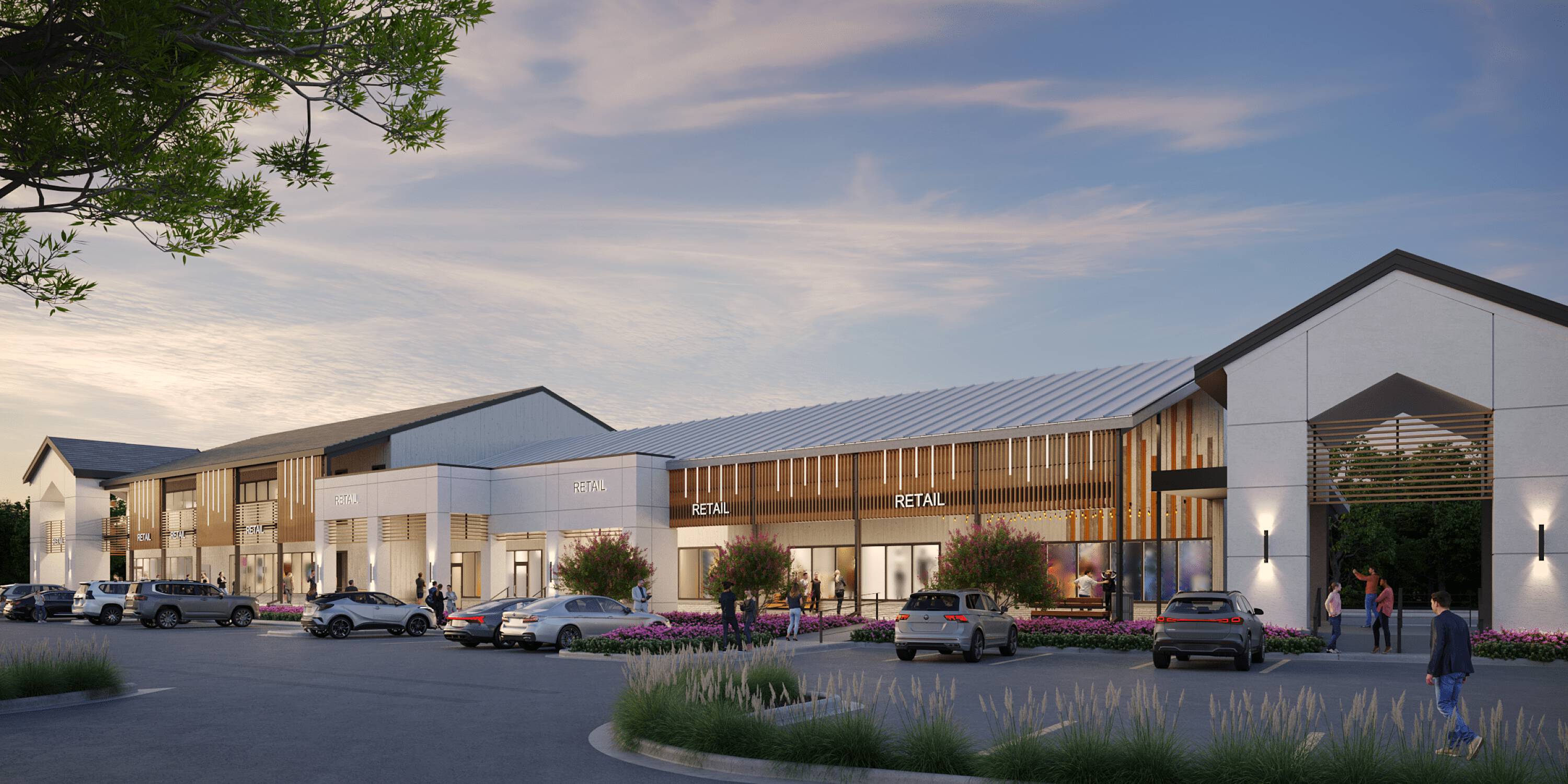 Grogan's Mill Village Center retail property with modern design, ample parking, and inviting landscaping in The Woodlands, TX.