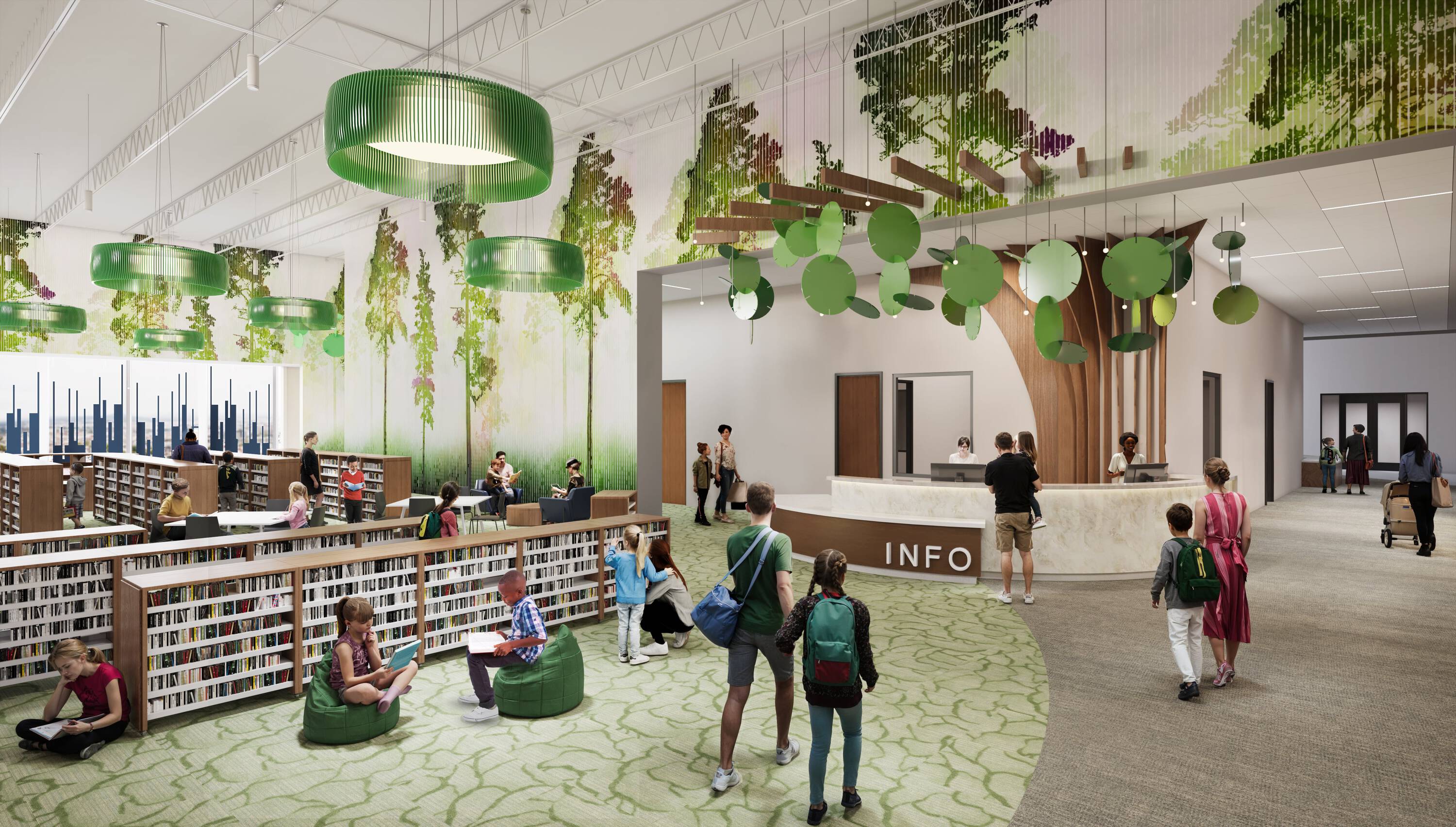 Interior view of Grogan's Mill Village Center featuring a vibrant, nature-themed design with ample natural light and modern fixtures.