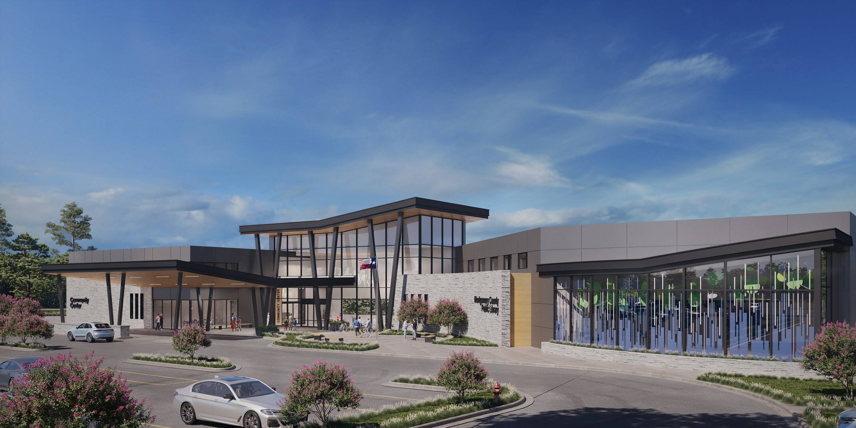 Modern retail center with large windows, ample parking, and contemporary design at Grogan's Mill Village Center, The Woodlands, TX.