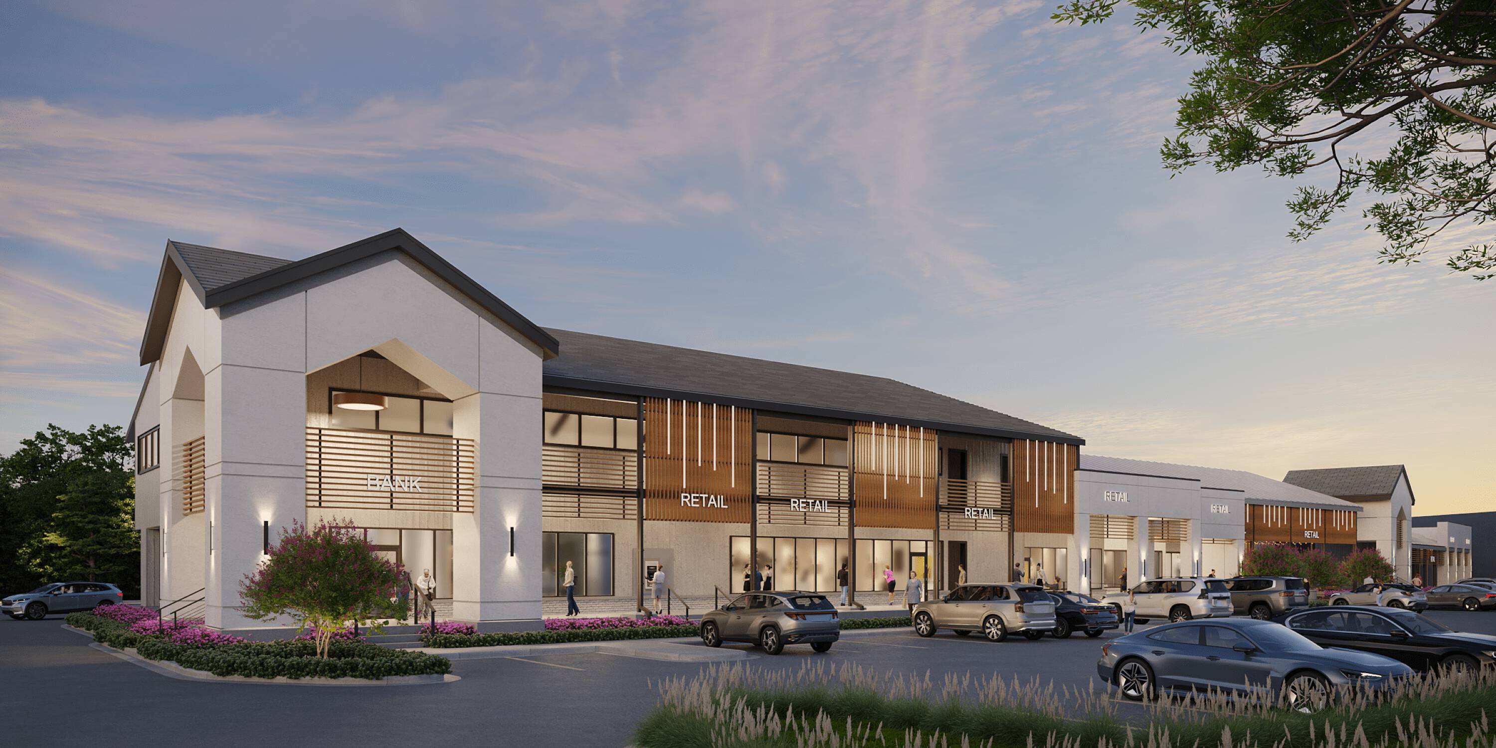 Modern retail center with ample parking and contemporary design at Grogan's Mill Village Center.