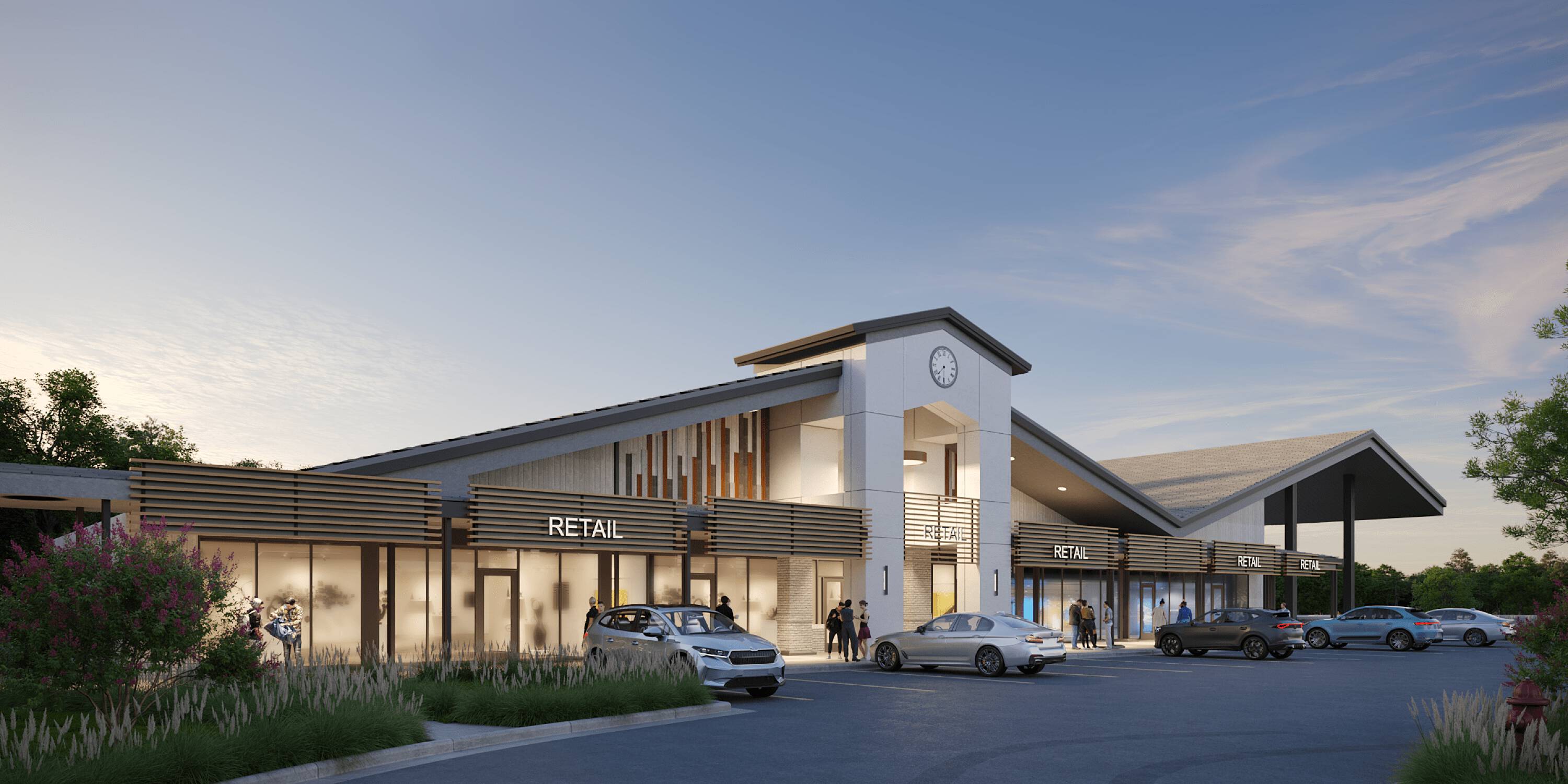 Modern retail center with large windows, ample parking, and contemporary design at Grogan's Mill Village Center.