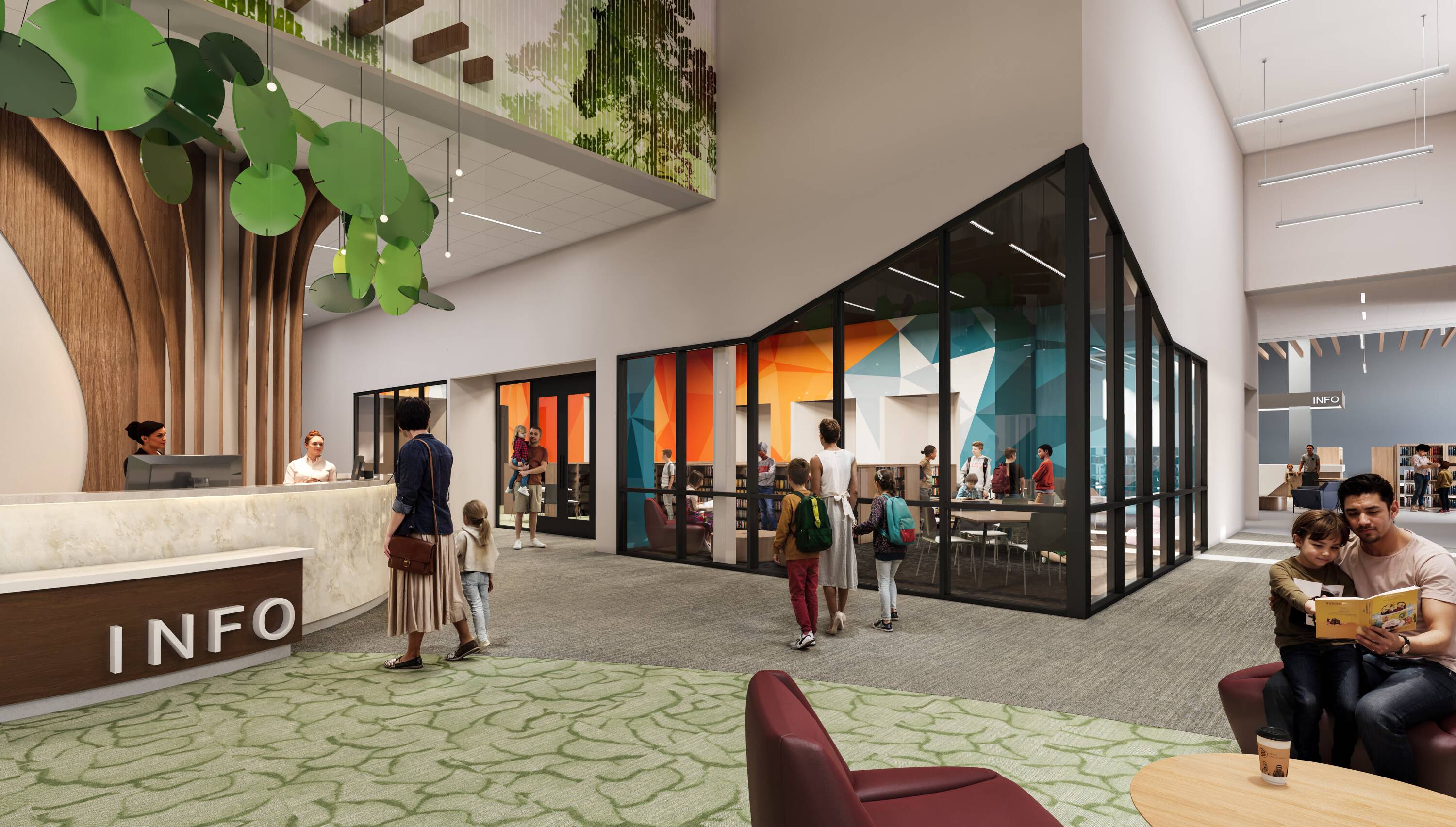 Modern retail space with large windows, central information desk, and vibrant interior design.