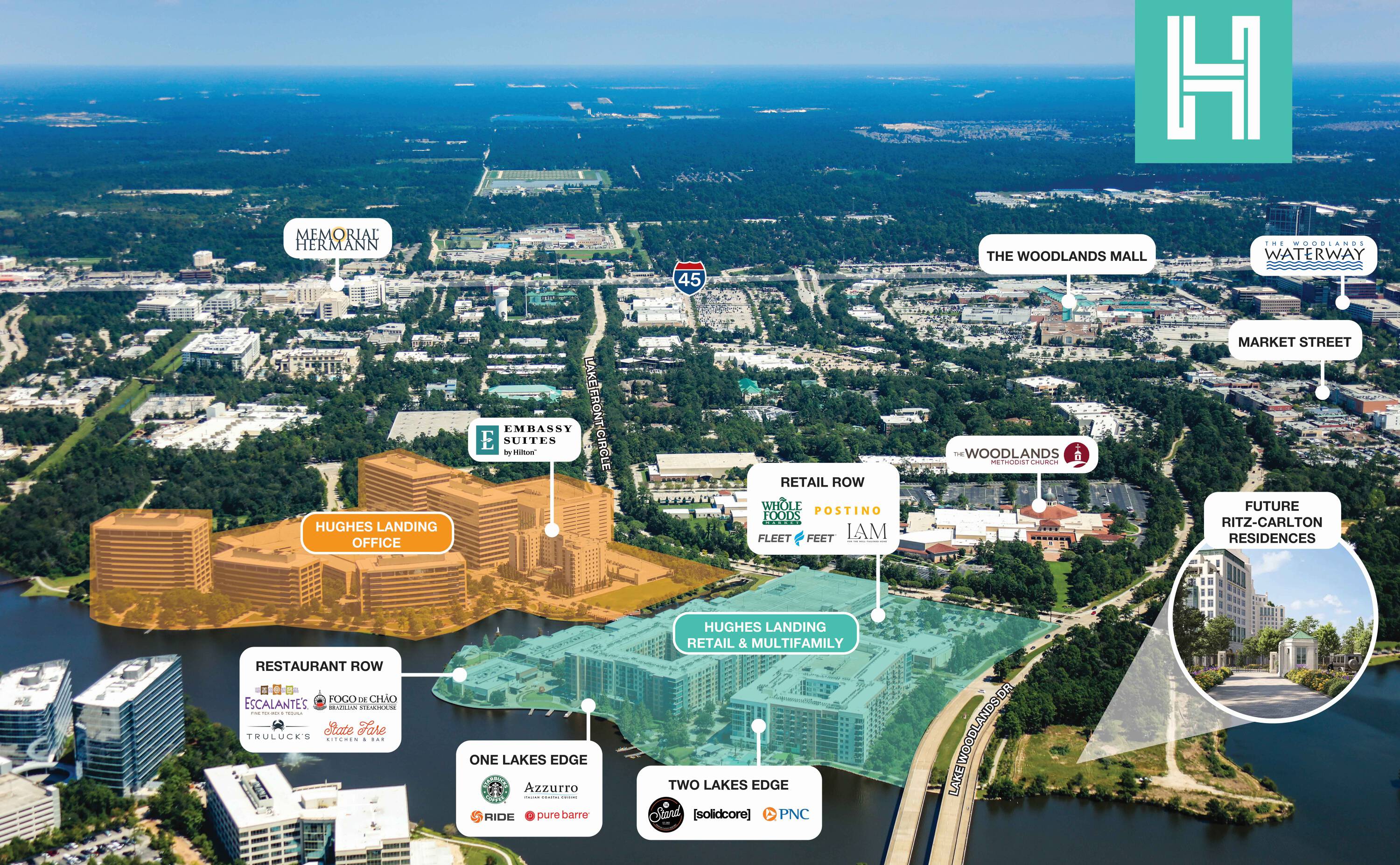 Aerial view of Hughes Landing on Lake Woodlands with surrounding commercial and residential areas.