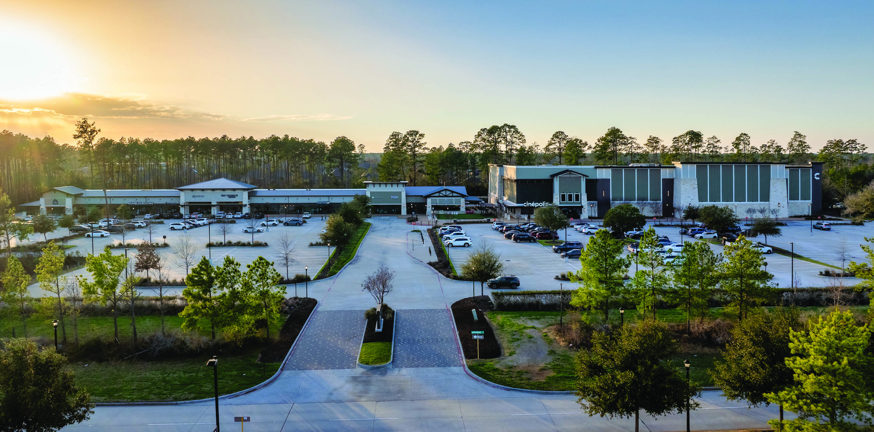 Aerial view of Creekside Park Village Center, a fully leased retail property with ample parking and modern design in Spring, TX.